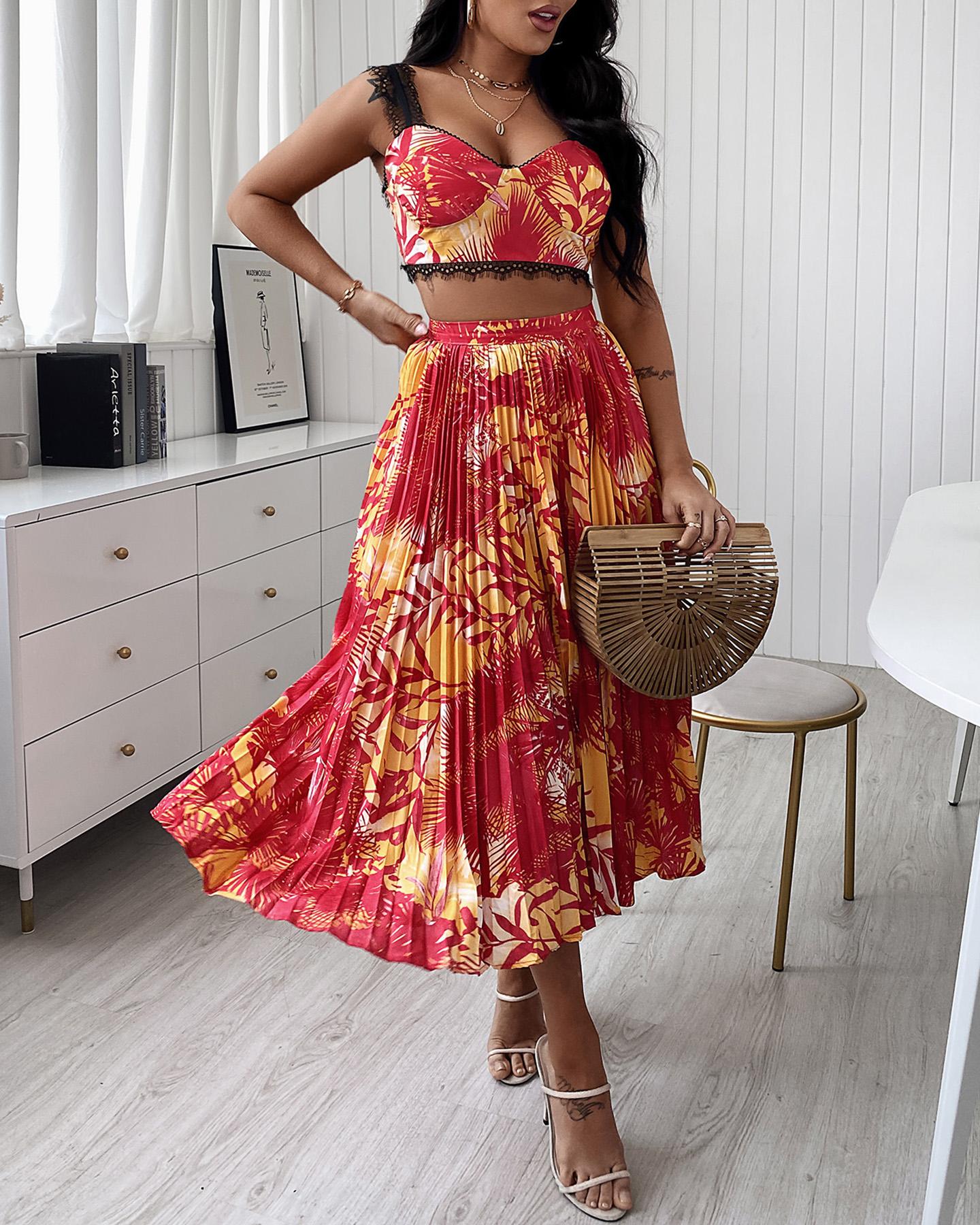 

Tropical Print Thick Strap Ruched Top & Skirt Set, Red
