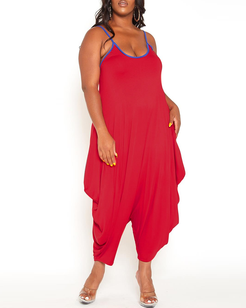 

Colorblock Ruched Harem Pocket Decor Jumpsuit, Red