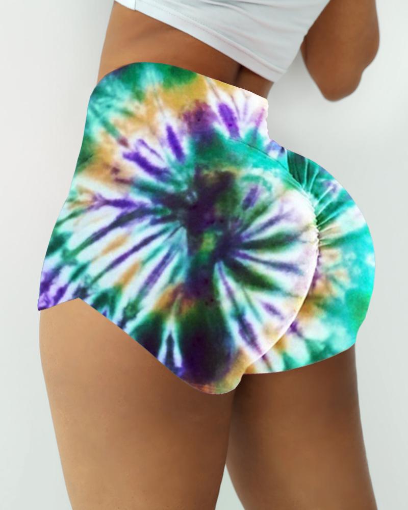 

High Waist Tie Dye Print Ruched Sporty Shorts, Dark green