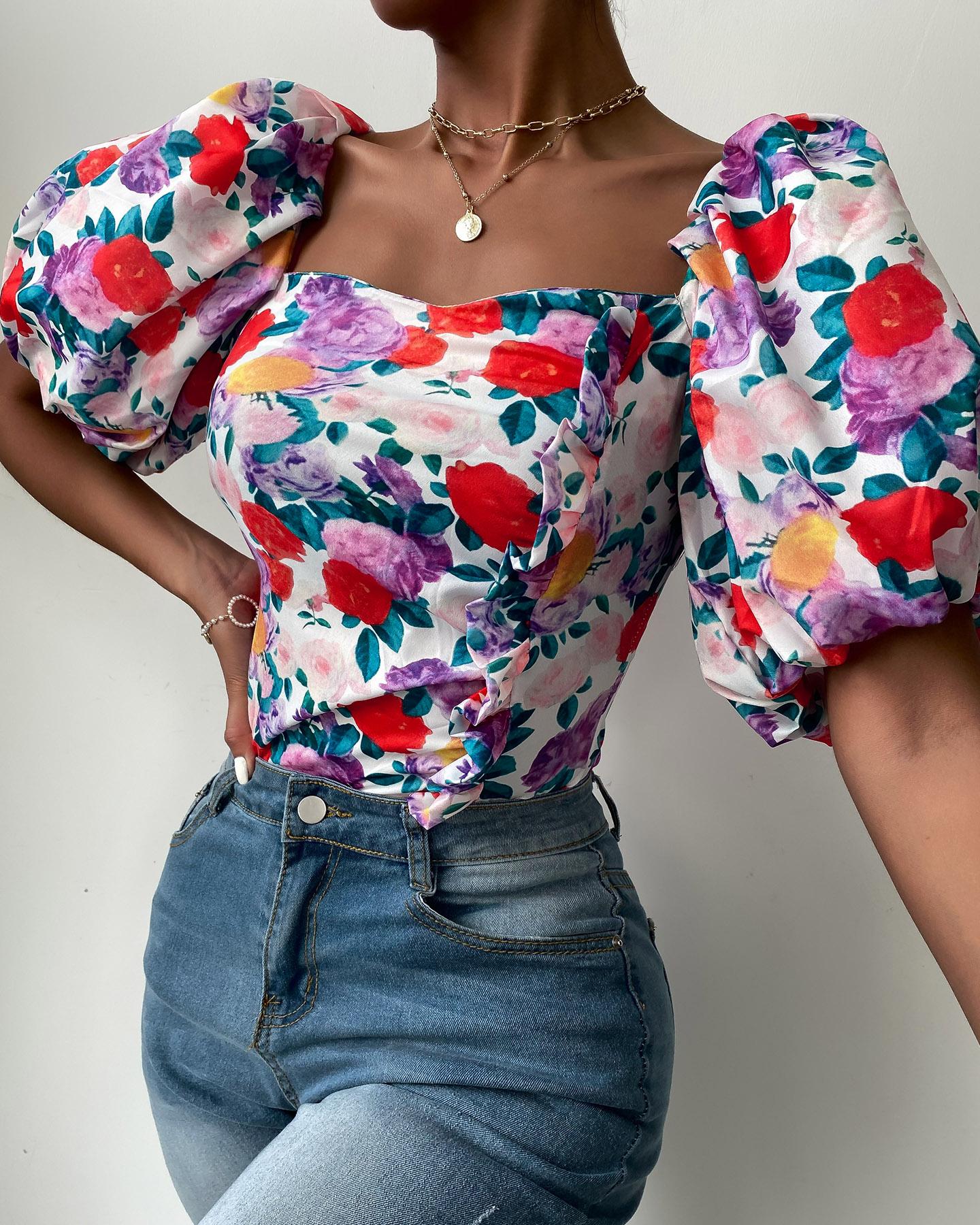 

Puff Lantern Sleeve Floral Print Backless Top, Multicolor