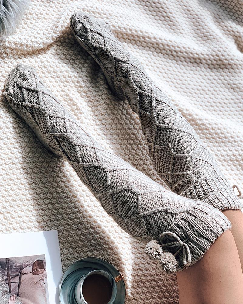 

Pom Pom Braided Knee Length Socks, Dark grey