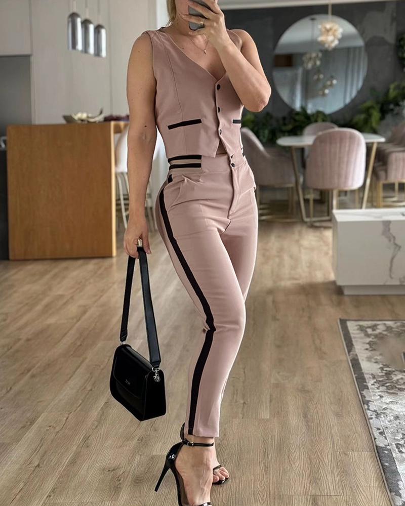 

Striped Sleeveless Slim Fit Front Button Vest Set Contrast Binding High-Waisted Cropped Skinny Pants Casual Set, Coffee