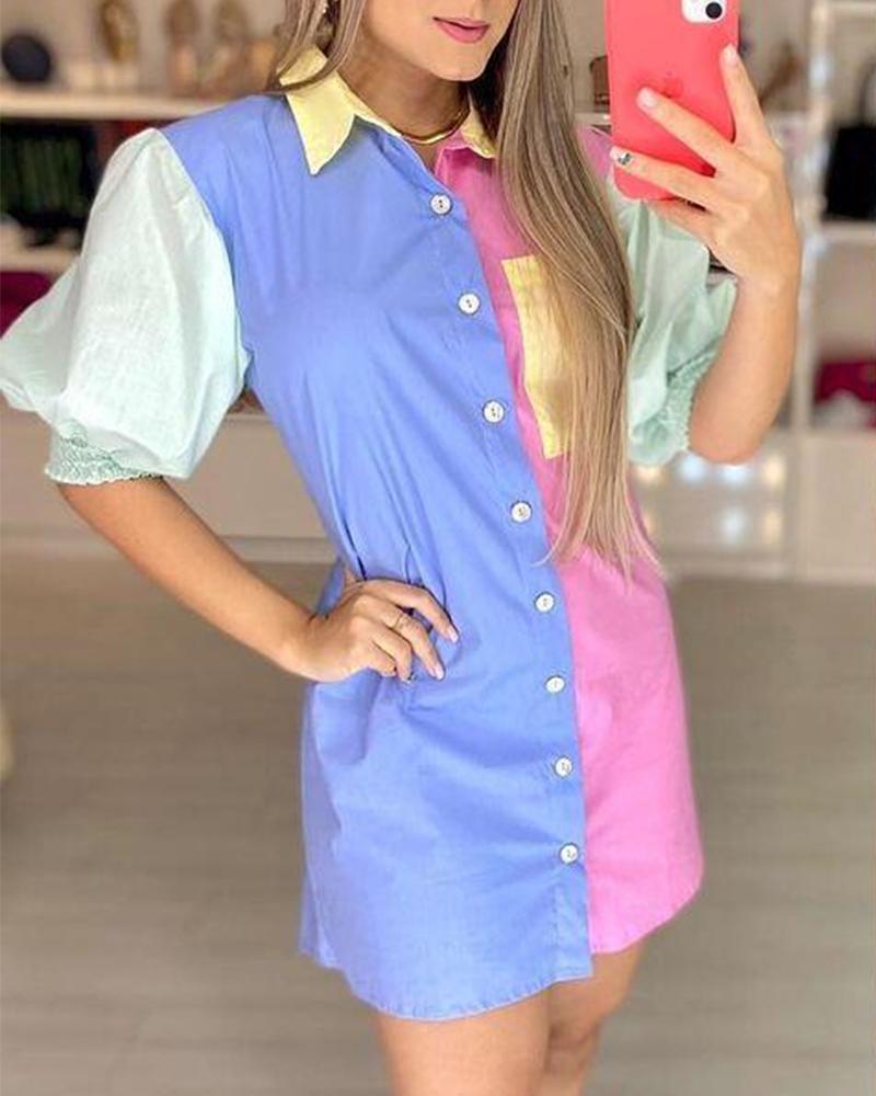 

Color Block Short Sleeve Shirt Mini Dress, Style1