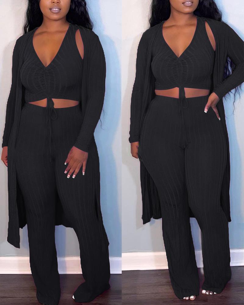 

3PCS Ribbed Drawstring Crop Tank Top & Pants Set With Coat, Black