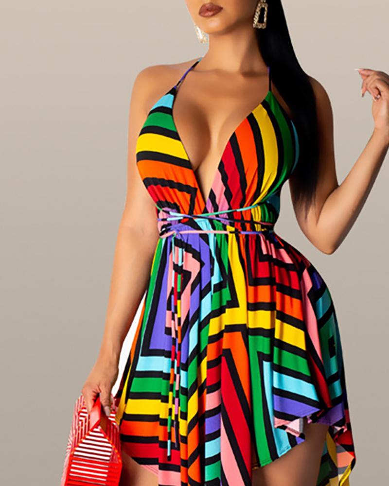 

V-Neck Backless Colorful Striped Asymmetrical Dress, Multicolor