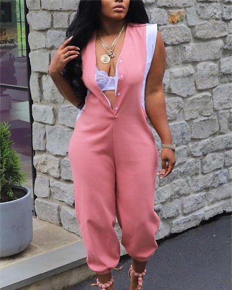 

Fake Two-Piece Sleeveless Cuffed Jumpsuit, Pink