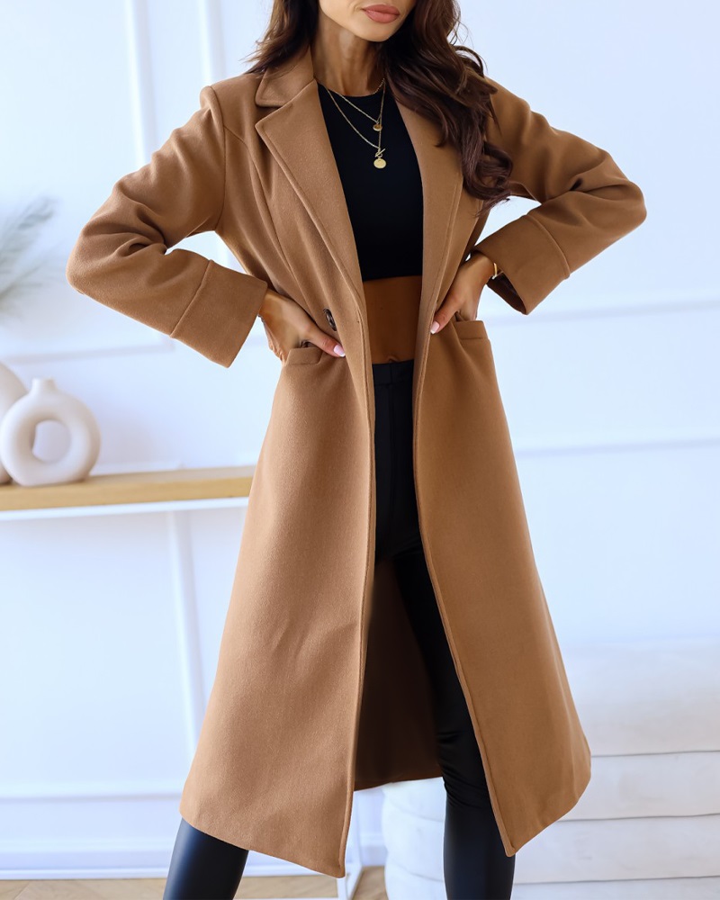 

Long Sleeve Pocket Design Double Breasted Overcoat, Khaki