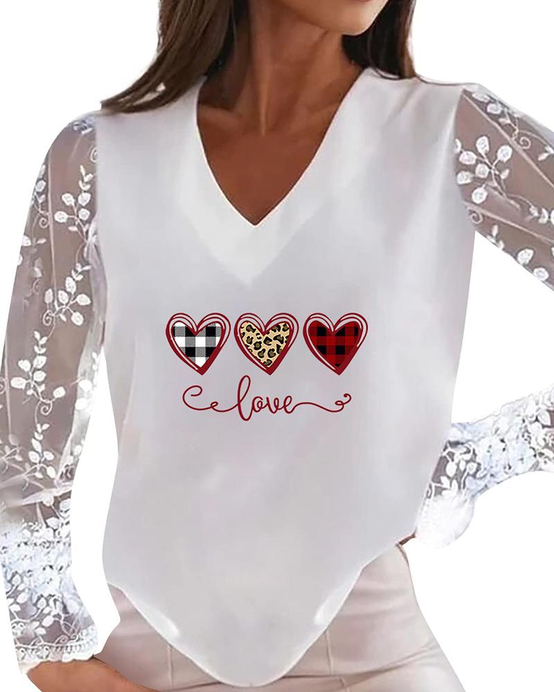 

Lace Long Sleeve Heart Plaid Cheetah Print Top, White