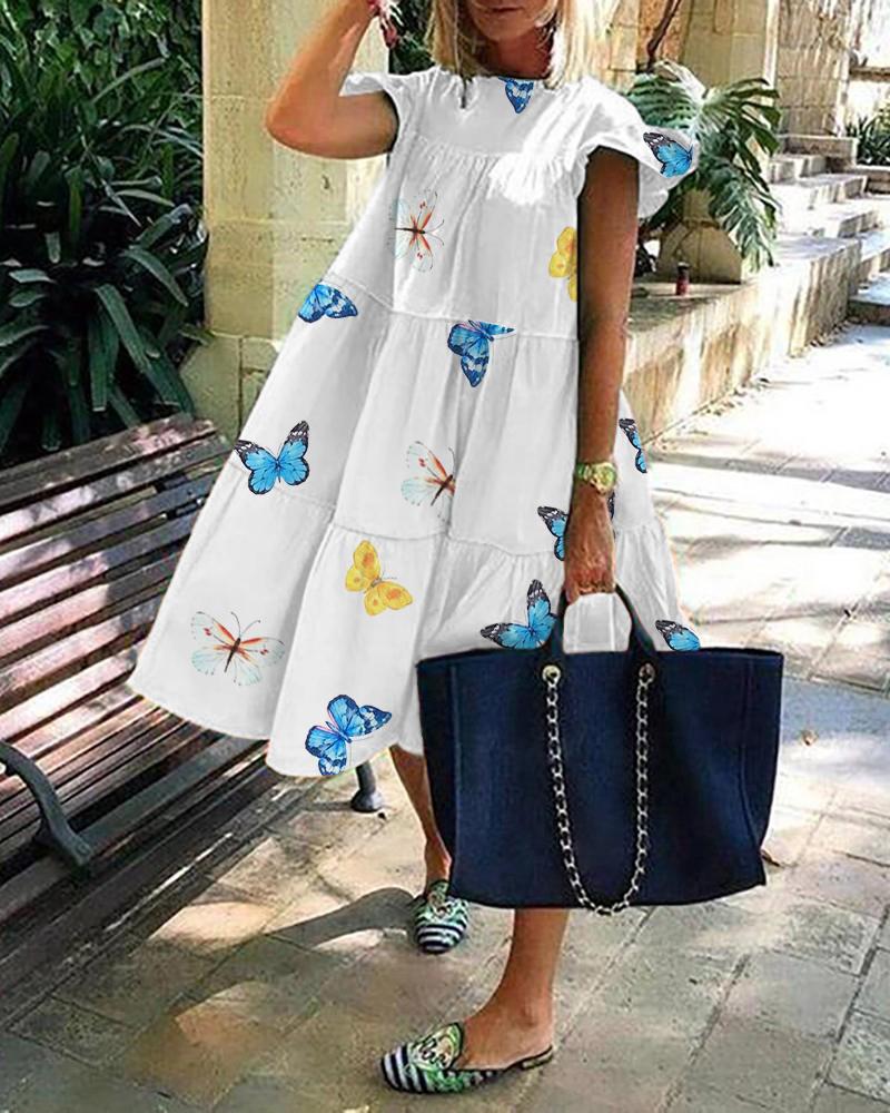 

Butterfly Print Short Sleeve Ruched Casual Dress, White