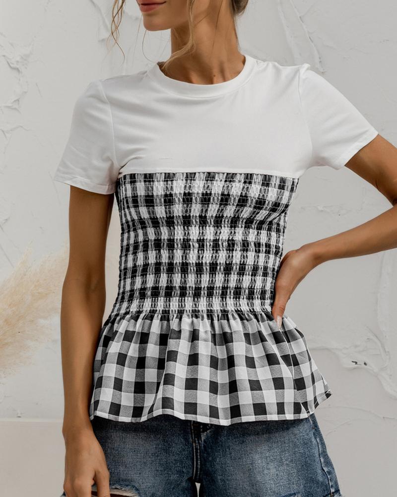 

Plaid Colorblock Shirring Round Neck T-Shirt, Black