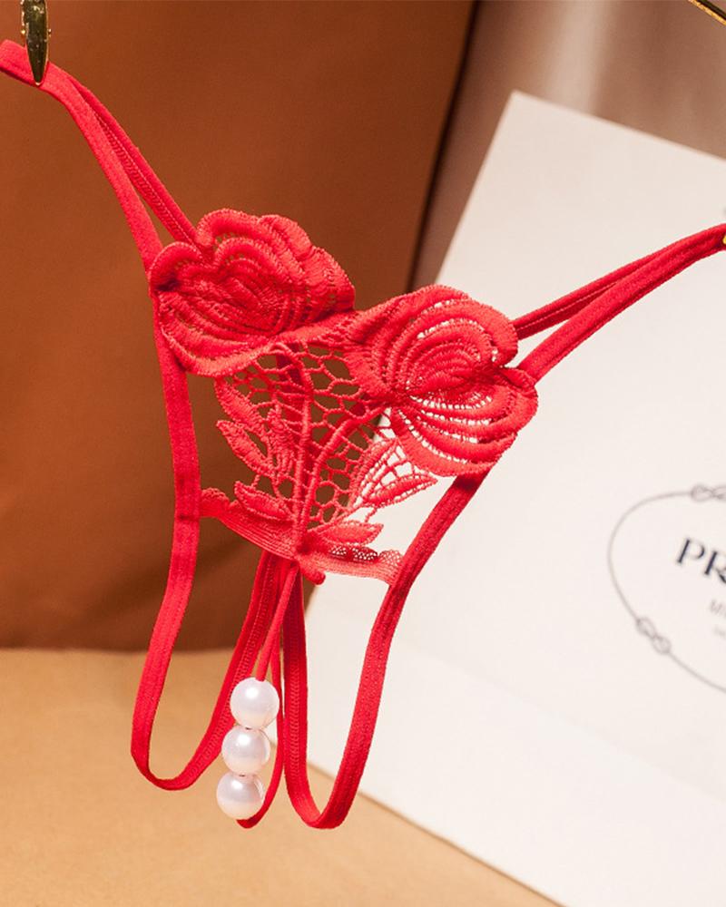 

Sexy Floral Embroidery Splicing Pearls Cut-out Panties, Red