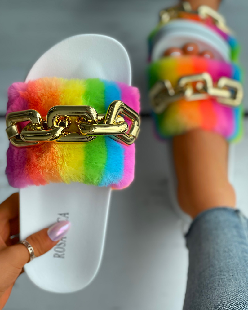 

Colorful Fluffy Chain Strap Slide Slippers, White