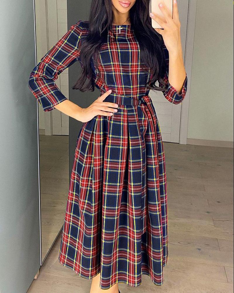 

Plaid Print Colorblock Tied Detail Casual Dress, Blue