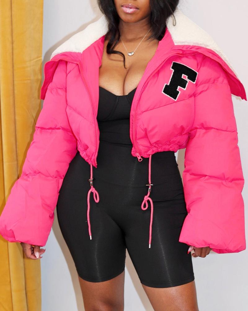 

Letter Embroidery Long Sleeve Zip Up Puffer Jacket, Hot pink