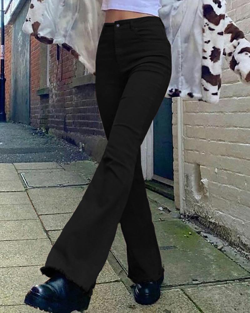 

High Waist Plain Flared Jeans, Black