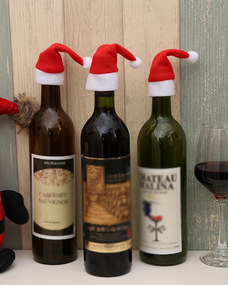 

10PCS/Set Christmas Santa Hats Wine Bottle Covers Champagne Wine Bottle Cap Toppers Holiday Christmas Decoration Ornaments Party Supplies, Red
