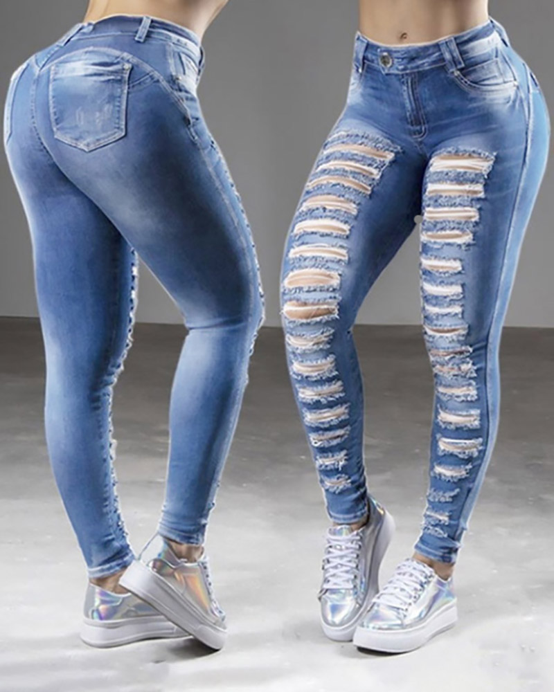 

Ripped Pocket Design High Waist Jeans, Blue
