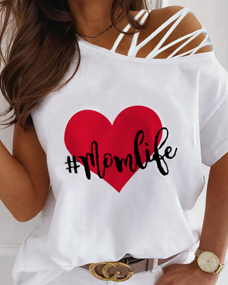 

Mother' Day Lace-up One Shoulder Letter Heart Print Top, White