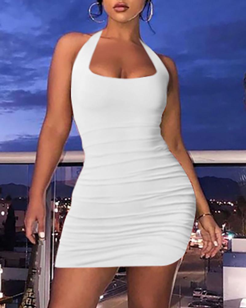 

Backless Halter Ruched Bodycon Dress, White