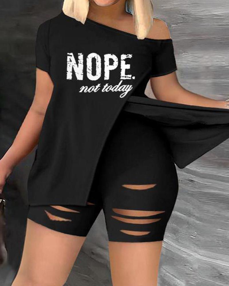 

Plus Size Nope Not Today Print Split Top & Shorts Set, Black