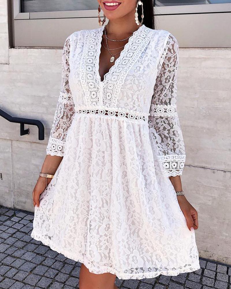 Floral Print Eyelet Embroidery Scallop Trim Lace Dress
