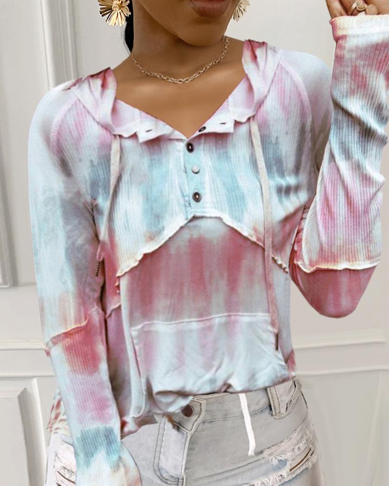

Tie Dye Print Button Design Hoodies, Pink
