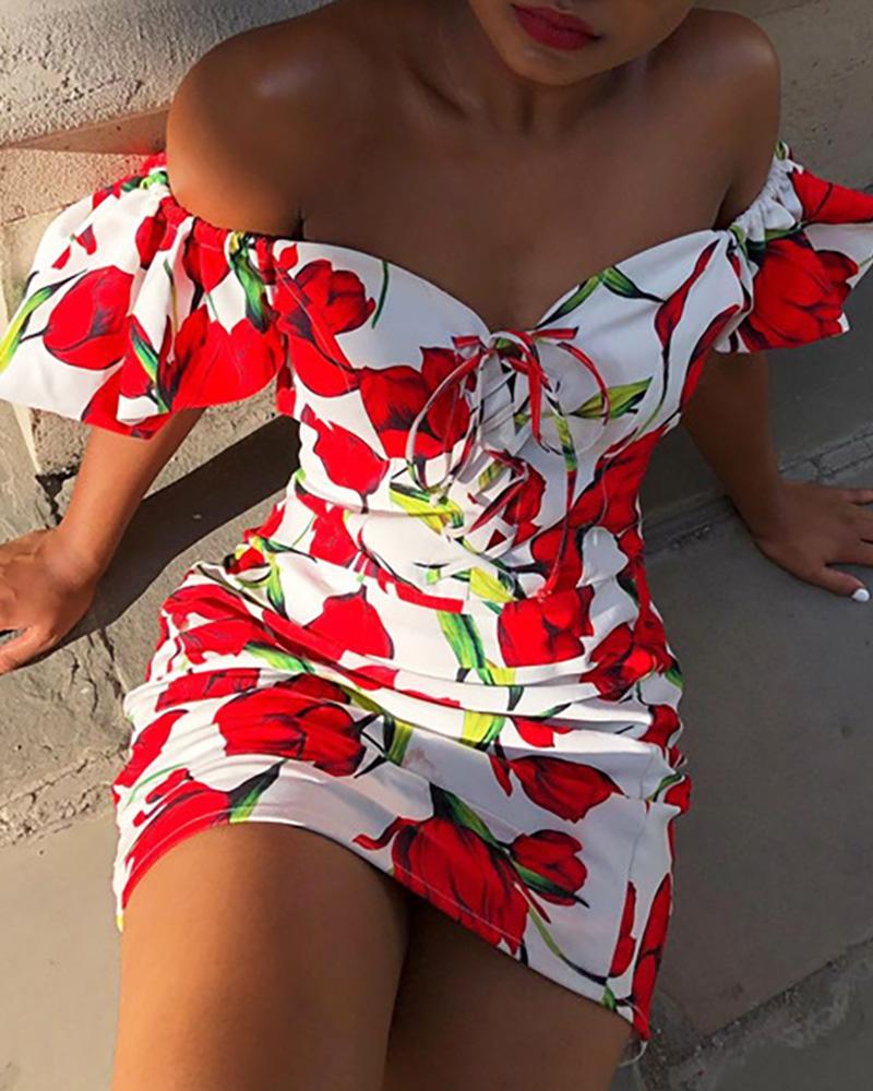 

Lace-up Short Sleeve Floral Print Dress, Red