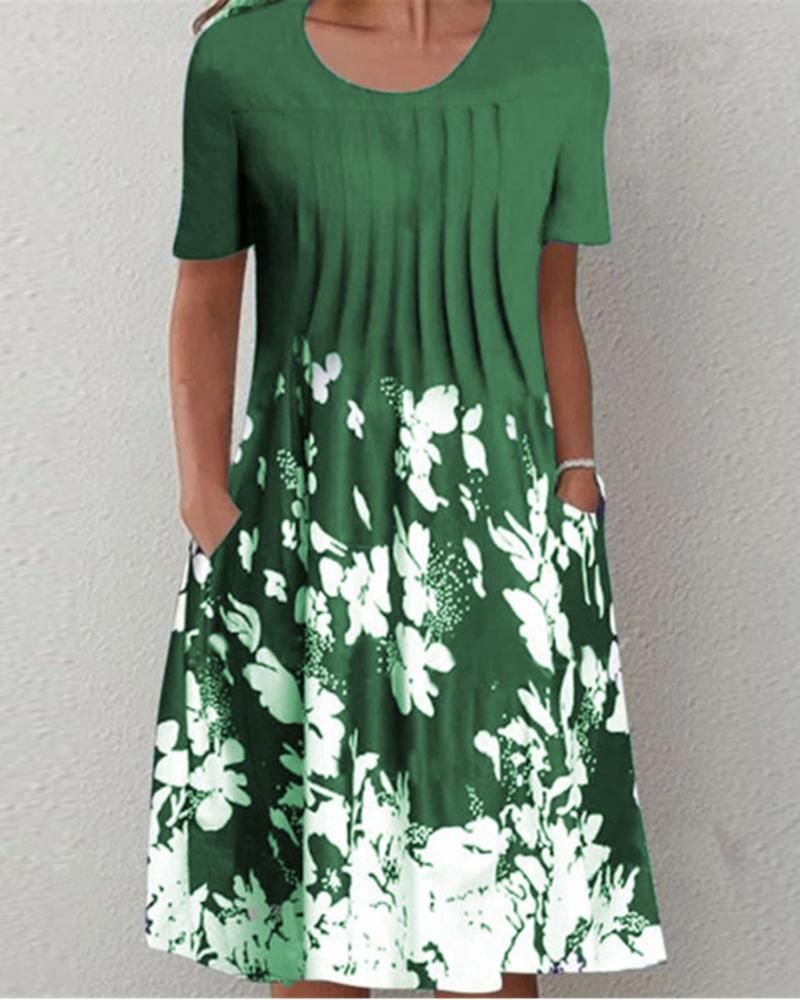

Floral Print Pleated Design Casual Dress, Green