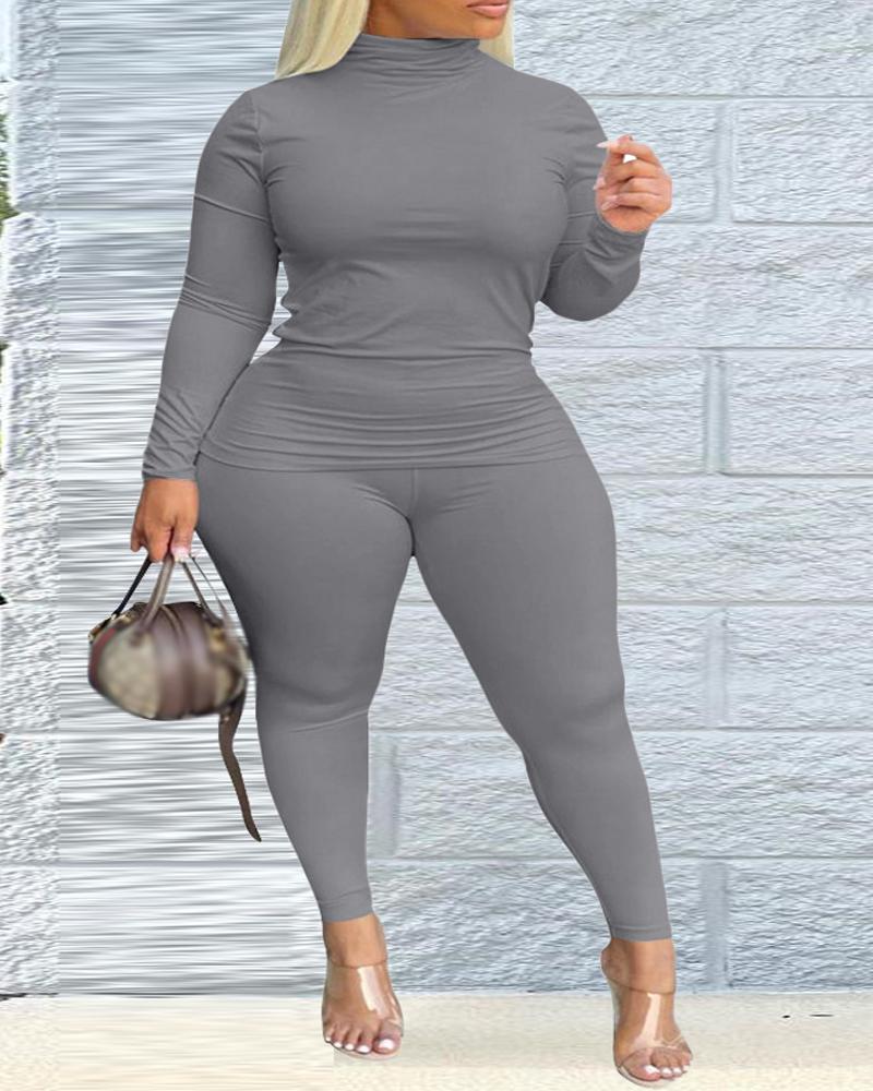 

Plus Size Long Sleeve High Neck Top & Pants Set, Gray