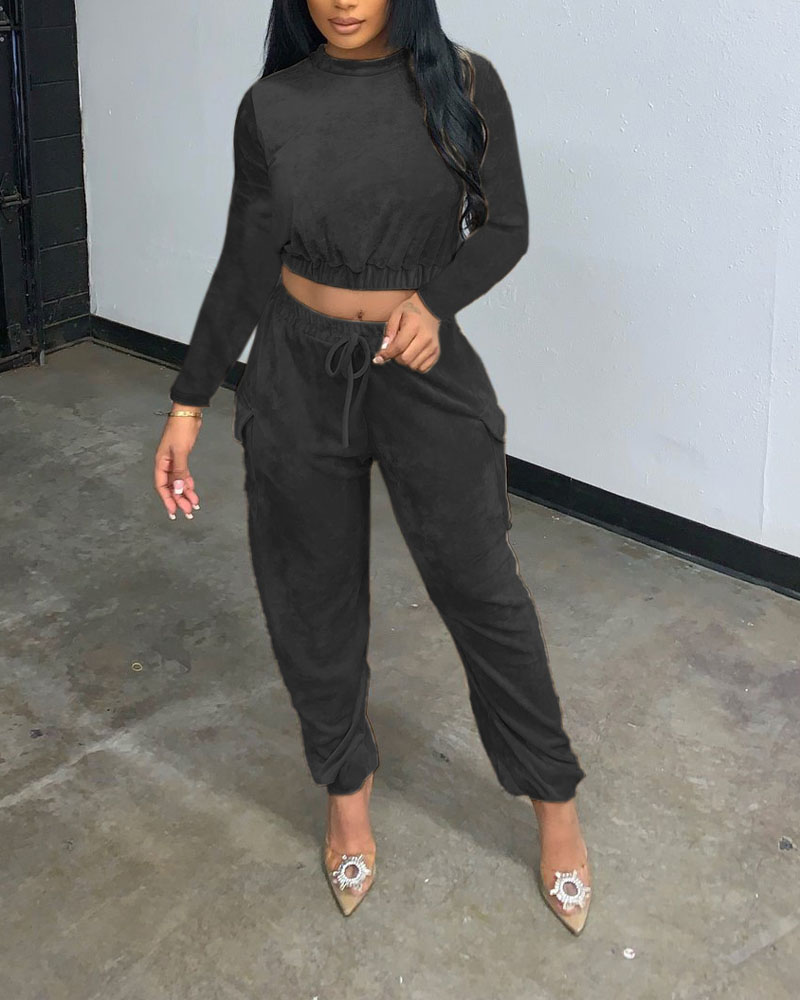 

Velvet Crop Top & Flap Pocket Drawstring Pants Set, Black