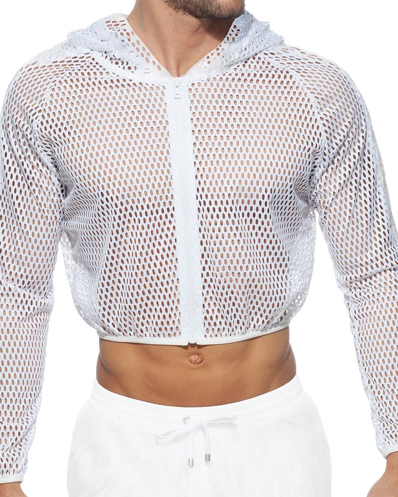 

See-through Solid Color Fishnet Long Sleeve Hooded Active Sets, White