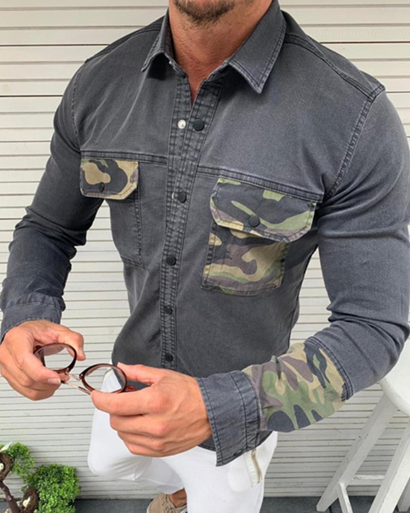

Solid Color Splicing Camouflage Print Long Sleeve Jacket T-shirt, Dark grey