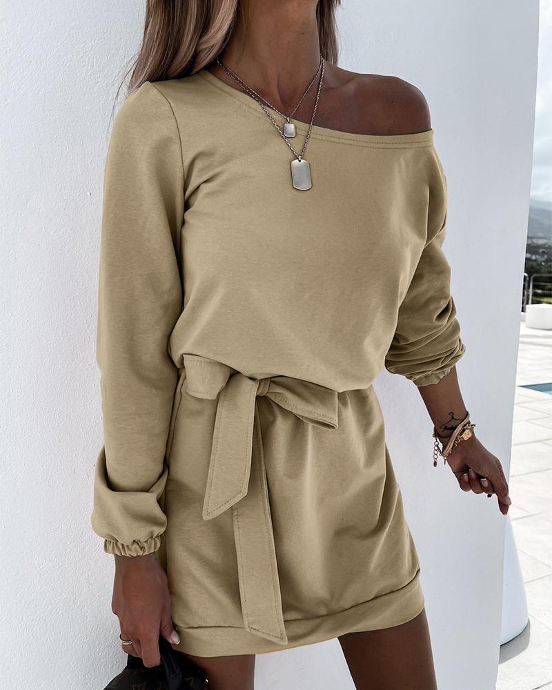 

Long Sleeve Belted Sweatshirt Dress, Khaki