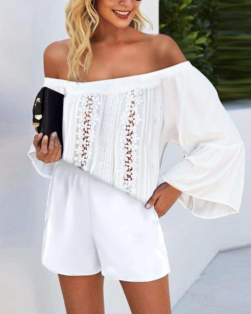 

Lace Patch Off Shoulder Bell Sleeve Top & Shorts Set, White