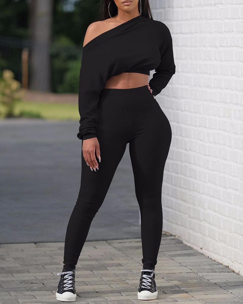 

Plain Long Sleeve Top & Pants Set, Black