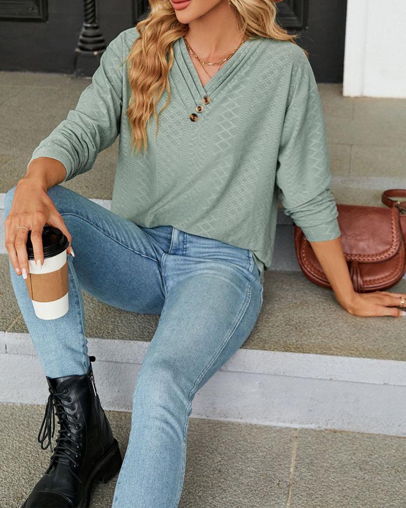

Ruched V-Neck Button Decor Textured Top, Light green