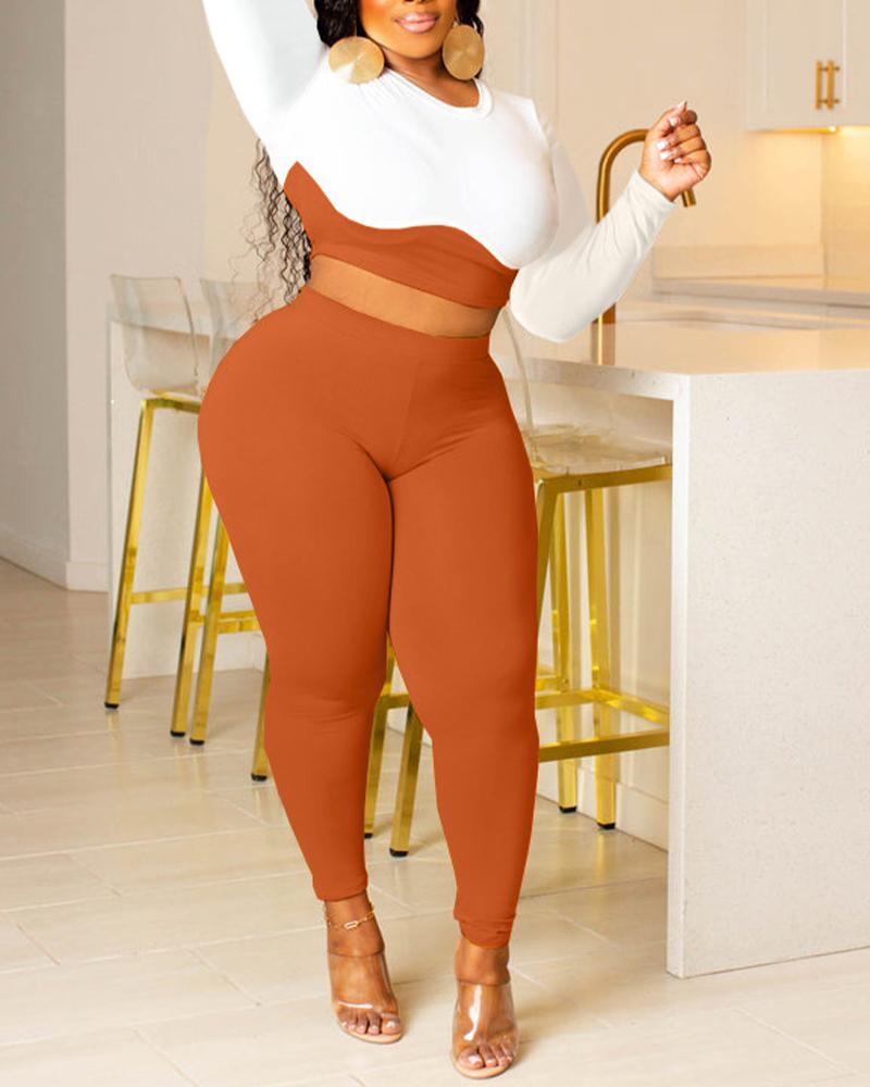 

Colorblock Ribbed Long Sleeve Crop Top & Pants Set, Orange