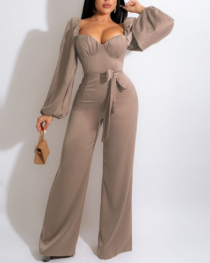 

Puff Lantern Sleeve Shirred Back Belted Jumpsuit, Khaki