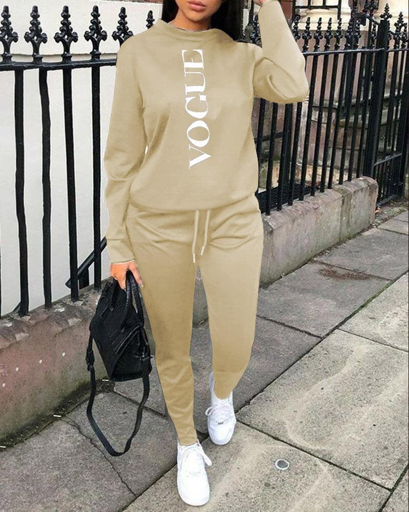 

Letter Print Long Sleeve Top & Drawstring Pants Set, Khaki