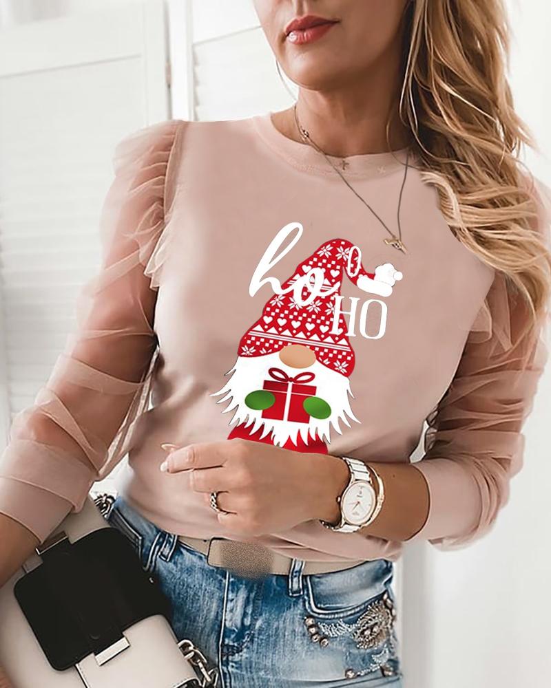 

Christmas Letter Santa Print Sheer Mesh Top, Pink