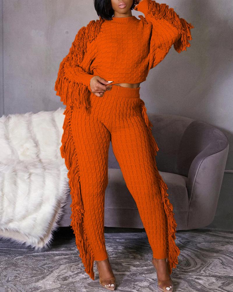 

Tassel Design Knit Top & High Waist Pants Set, Orange