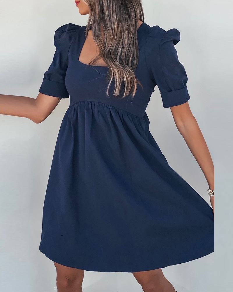 

Square Neck Puff Sleeve Swing Dress, Purplish blue