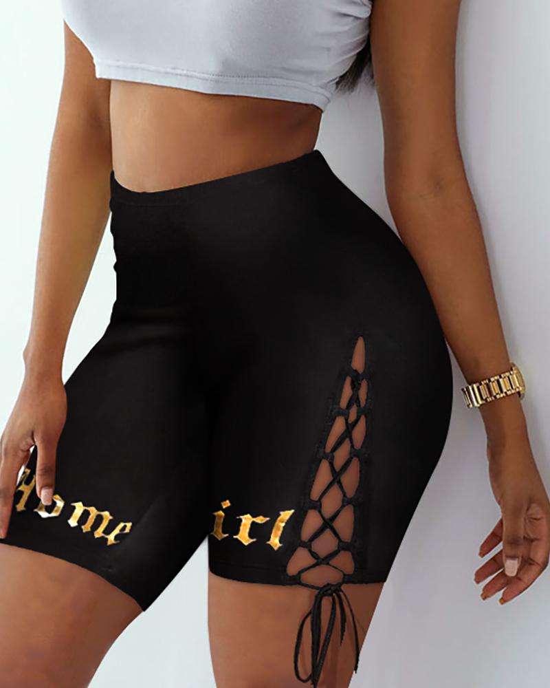 

High-Rise Letter Print Lace-up Side Biker Shorts, Black