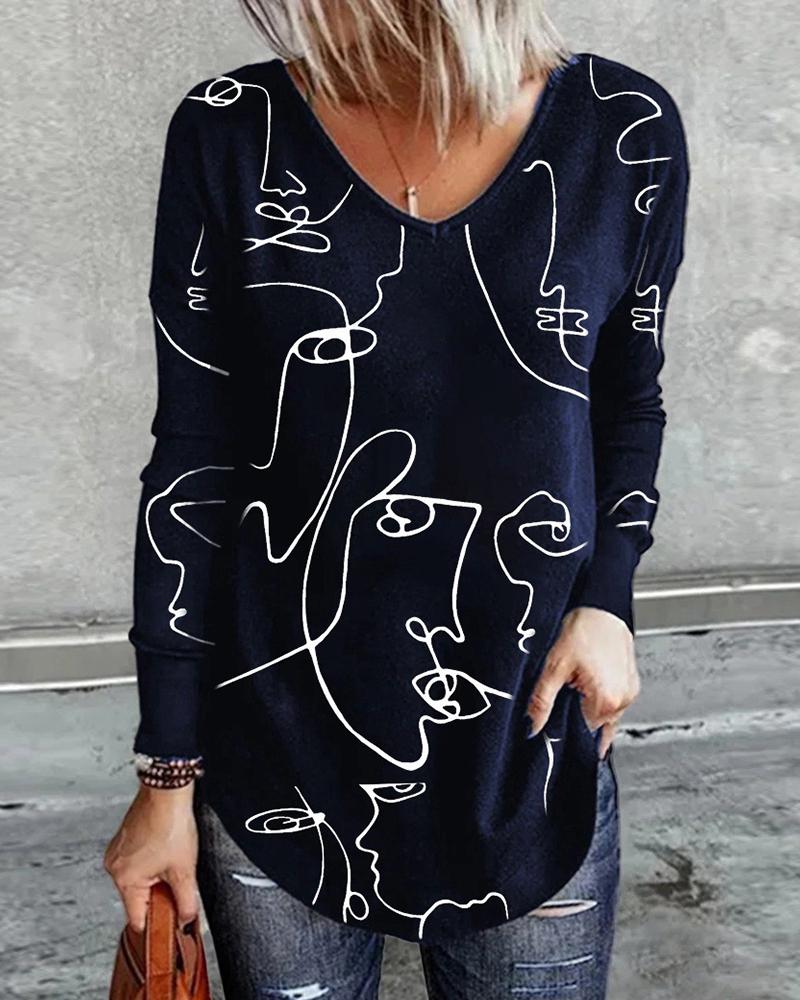 

Abstract Figure Print Long Sleeve Top, Purplish blue