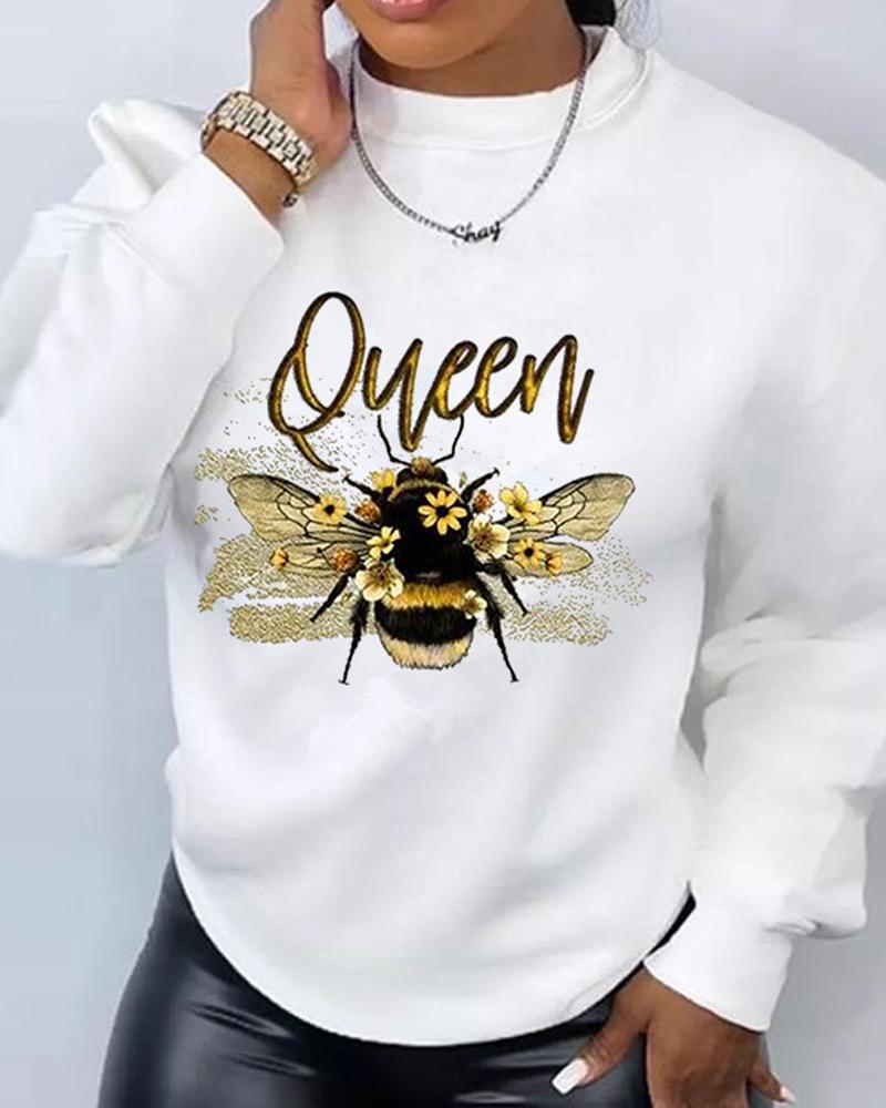 

Letter Bee Print Long Sleeve Casual Sweatshirt, White