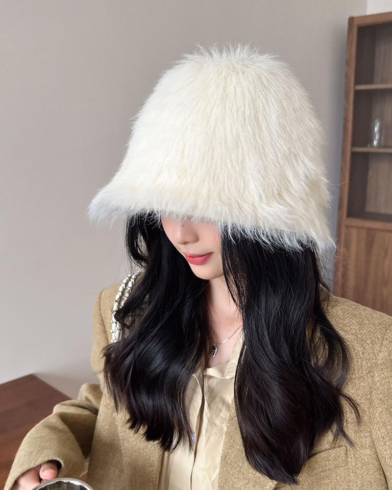 

Faux Fur Fluffy Wram Bucket Hat, Beige