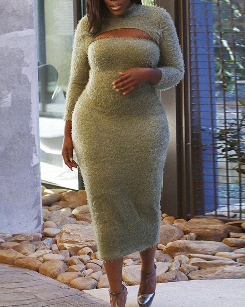 

Plus Size Long Sleeve Cutout Fluffy Bodycon Dress, Green