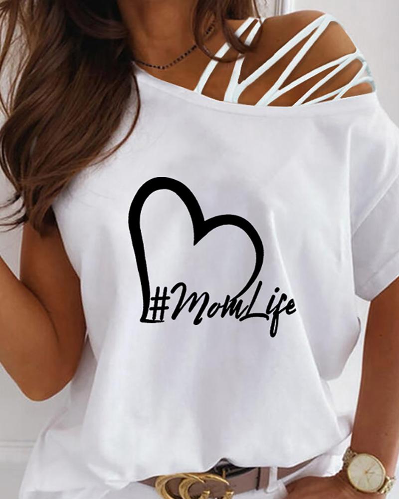 

Mother's Day Heart Letter Print Cutout Lace-up Top, White
