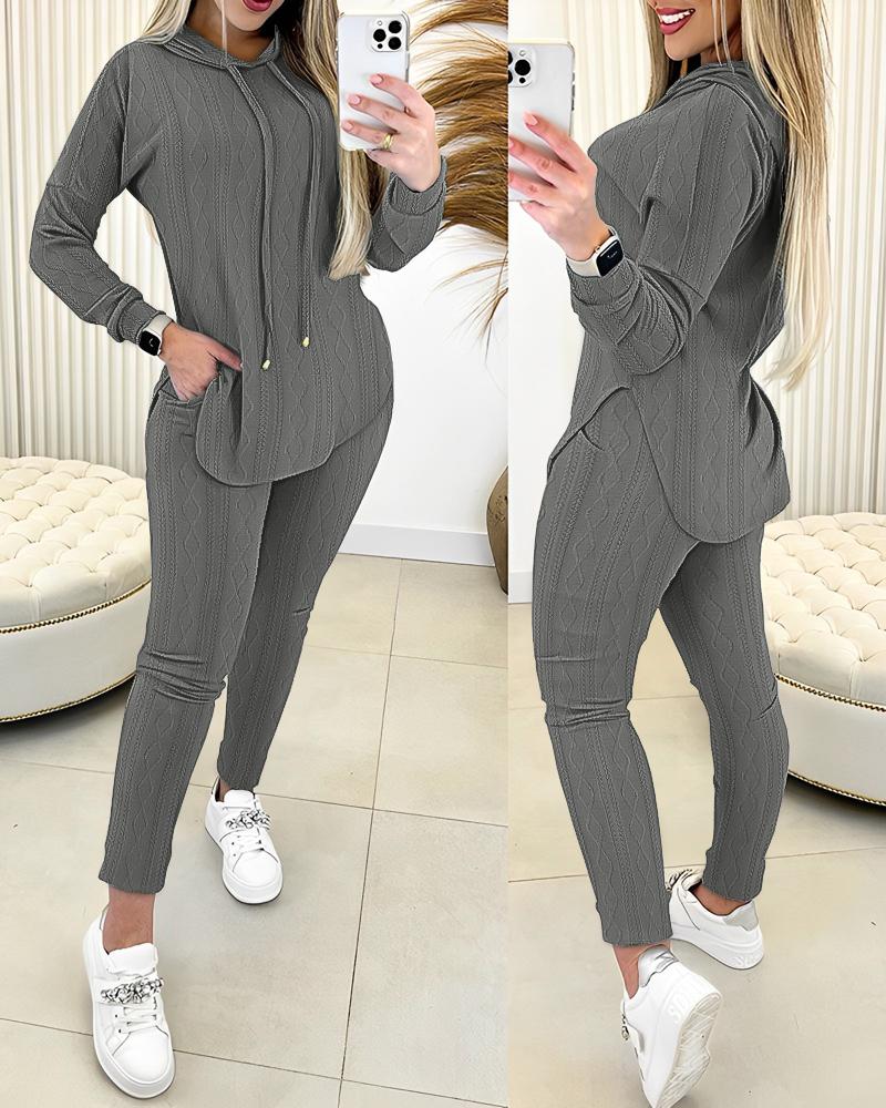 

Cable Textured Hooded Sweatshirt & Pocket Design Pants Set, Gray
