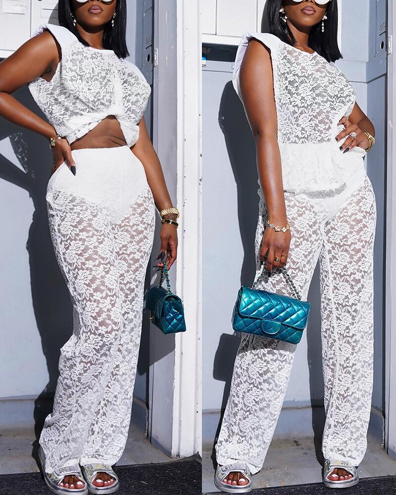 

Crochet Lace Top & Pants Set, White